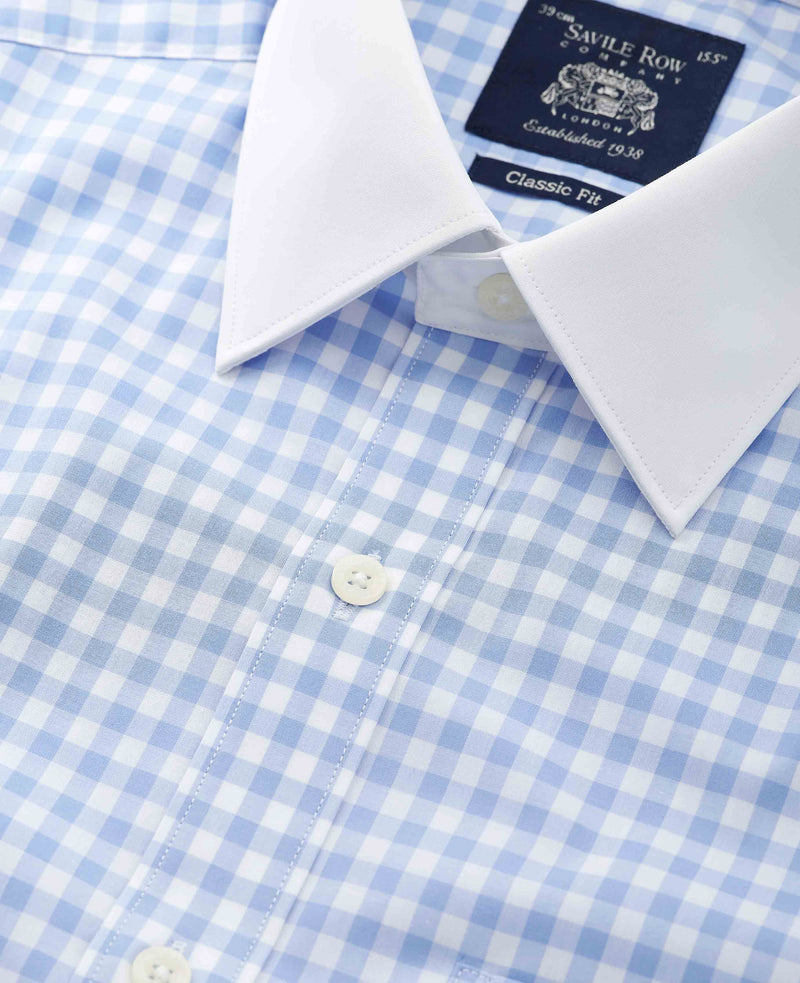Men's Blue White Cotton Check Classic Fit Winchester Formal Shirt With Double Cuffs collar detail
