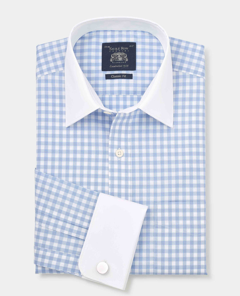 Men's Blue White Cotton Check Classic Fit Winchester Formal Shirt With Double Cuffs folded