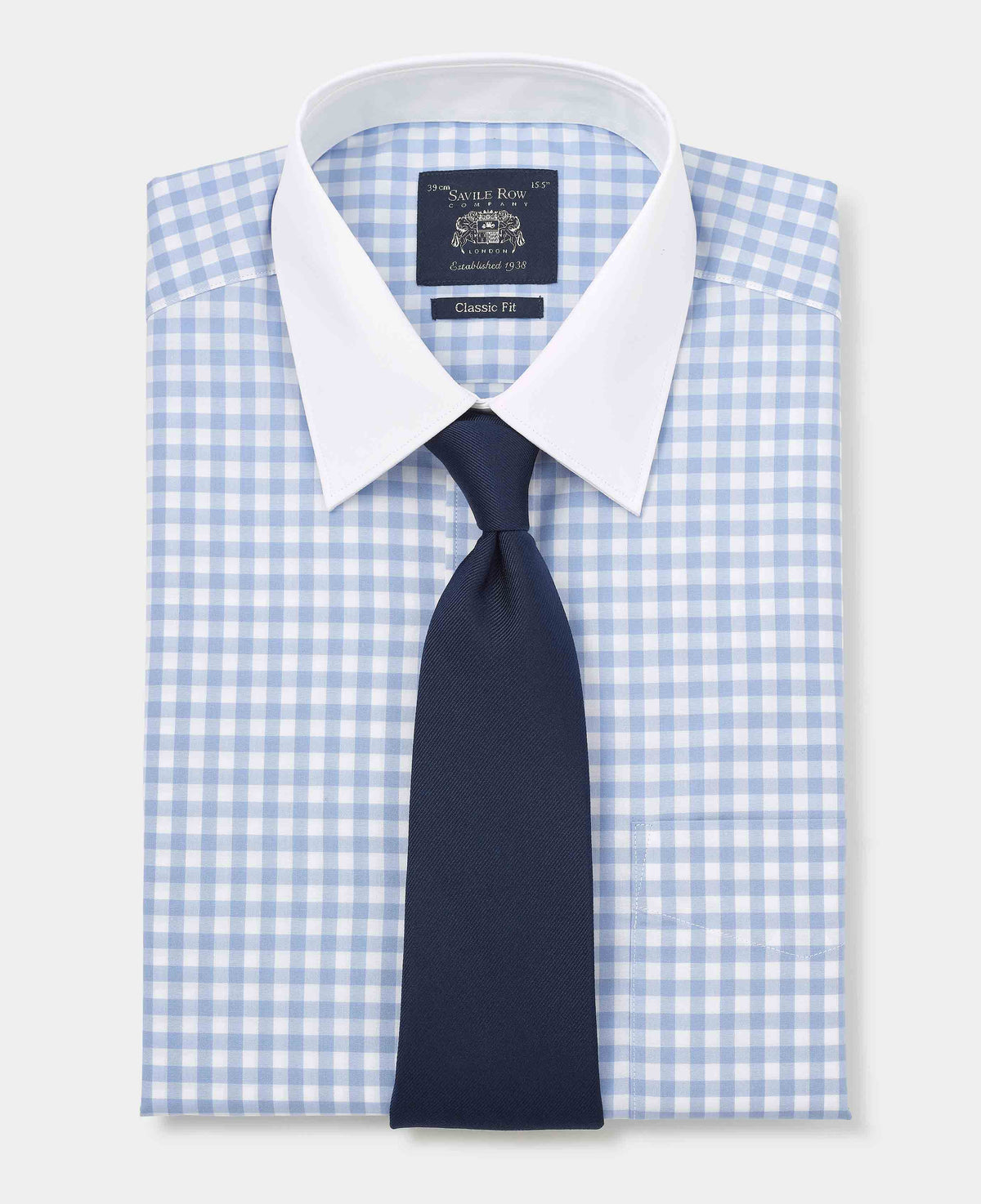 Men's Blue White Cotton Check Classic Fit Winchester Formal Shirt With Double Cuffs folded with tie
