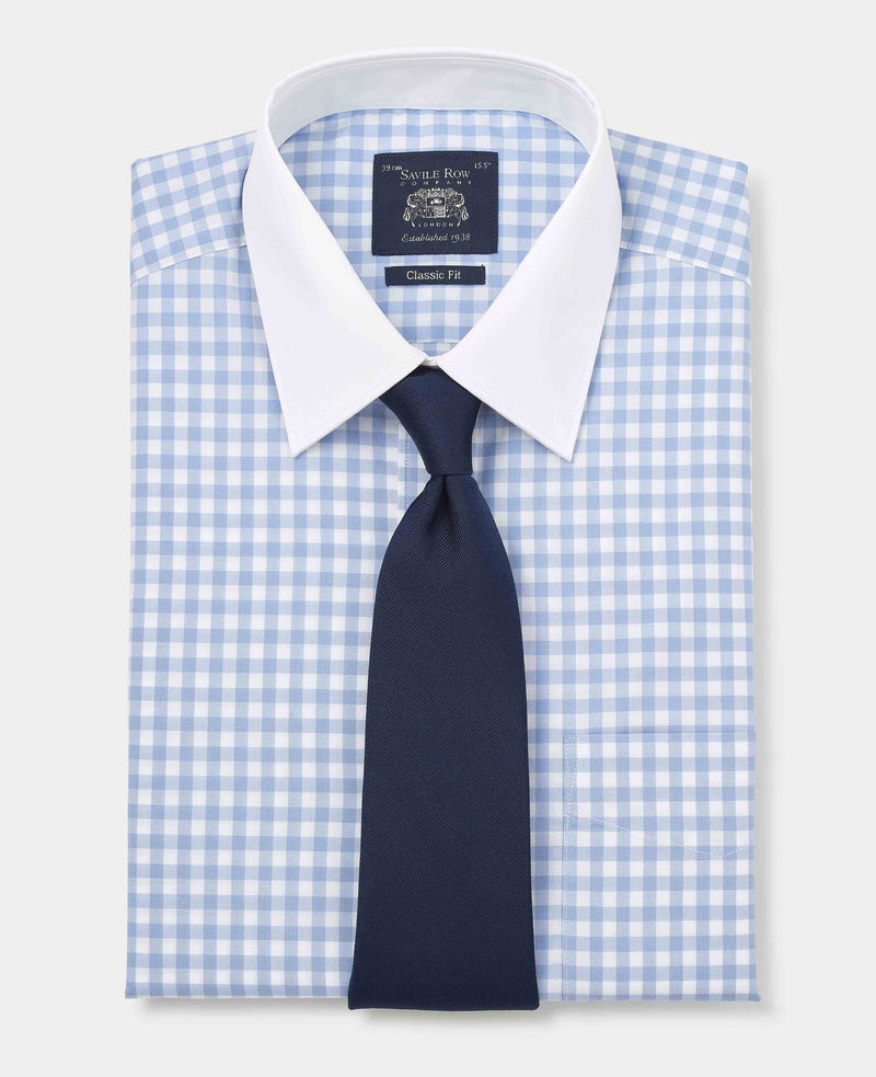 Men's Blue White Cotton Check Classic Fit Winchester Formal Shirt With Double Cuffs folded with tie