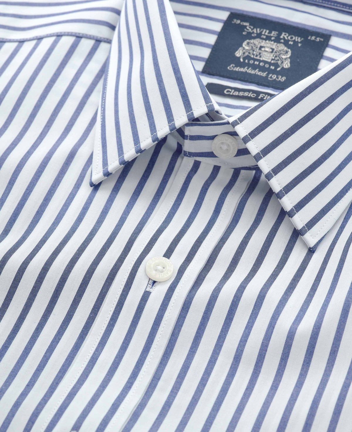 Men's Blue White Cotton Poplin Stripe Classic Fit Formal Shirt With Single Cuffs collar detail