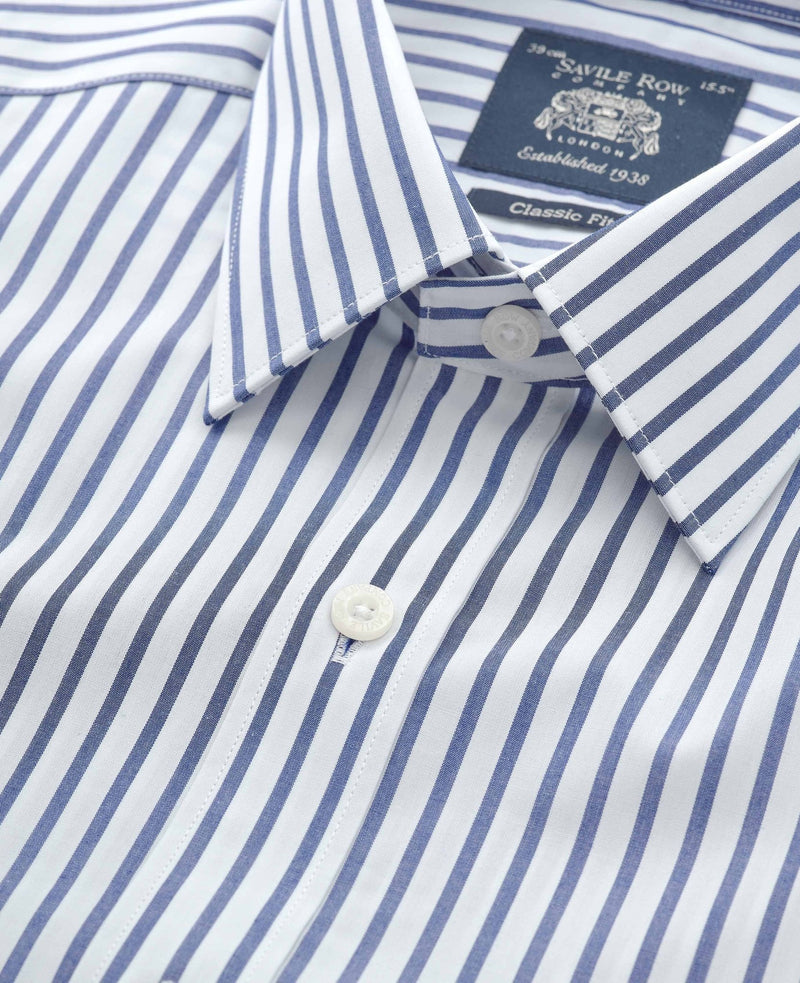 Men's Blue White Cotton Poplin Stripe Classic Fit Formal Shirt With Single Cuffs collar detail