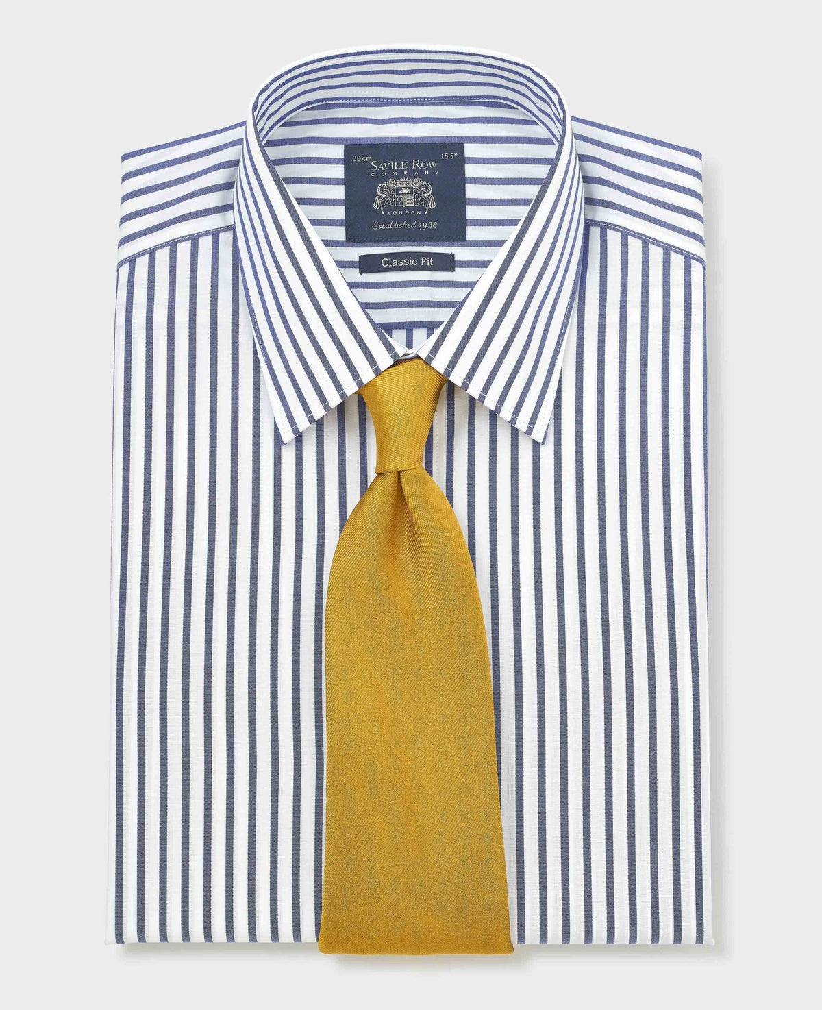 Men's Blue White Cotton Poplin Stripe Classic Fit Formal Shirt With Single Cuffs folded shot