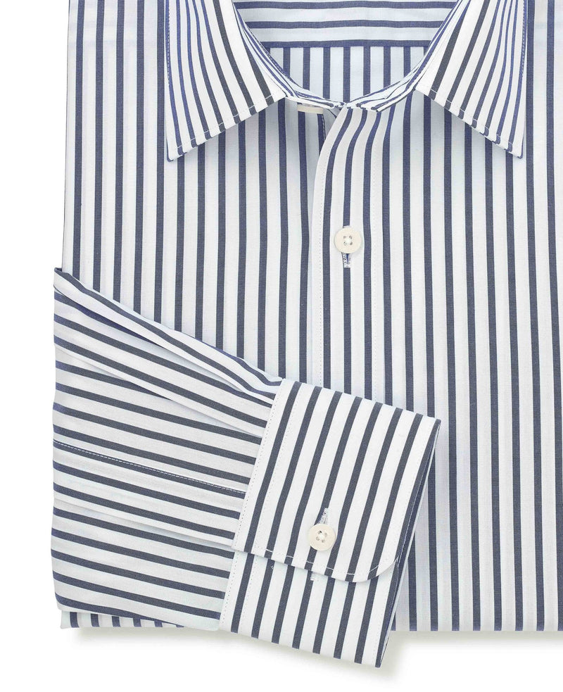 Men's Blue White Cotton Poplin Stripe Classic Fit Formal Shirt With Single Cuffs sleeve detail
