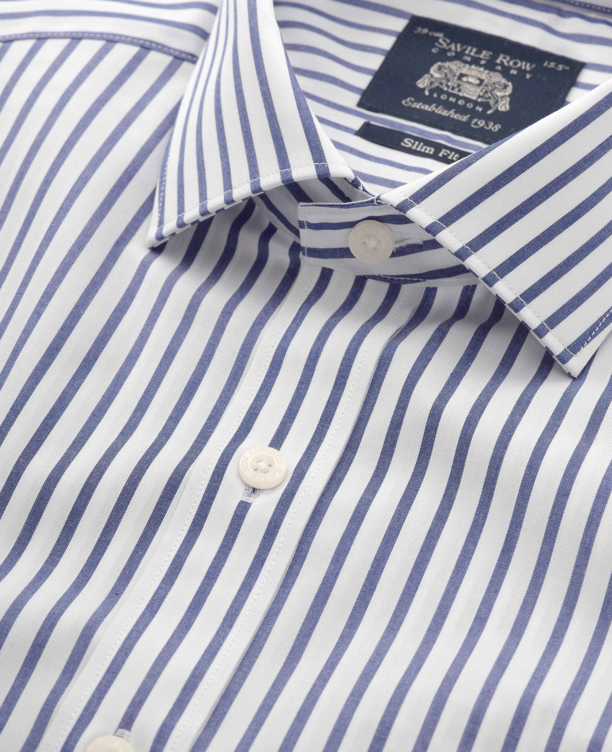 Men's Blue White Cotton Poplin Stripe Slim Fit Formal Shirt With Single Cuffs collar detail
