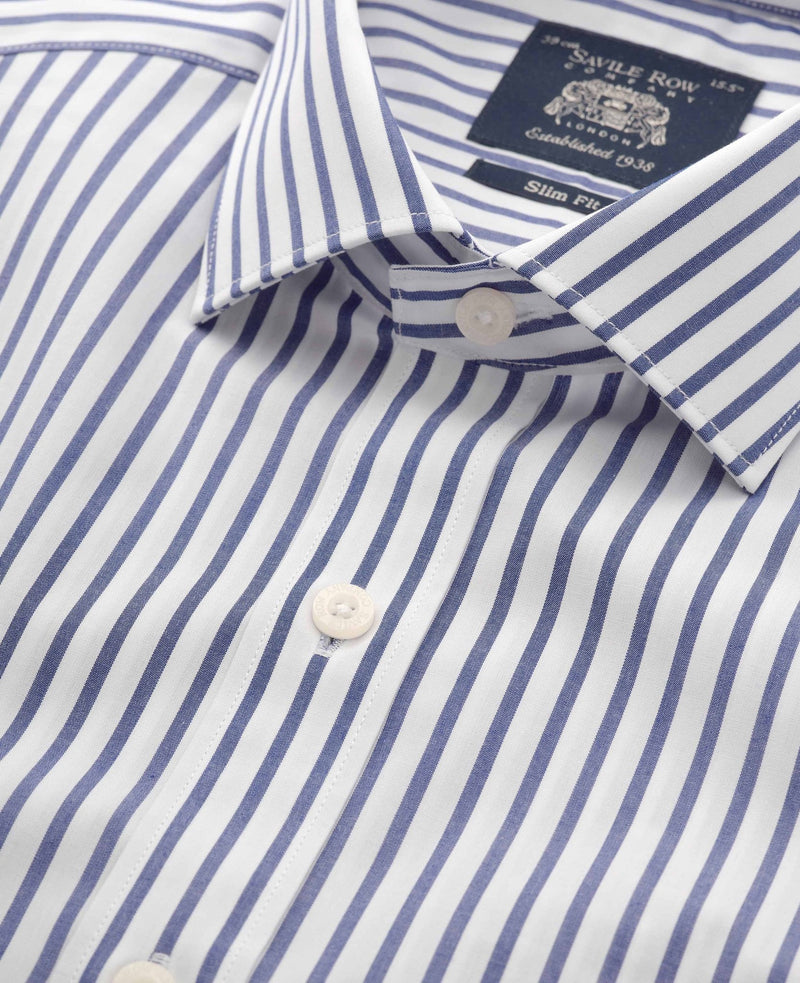 Blue White Cotton Poplin Stripe Slim Fit Formal Shirt - Single Cuff
