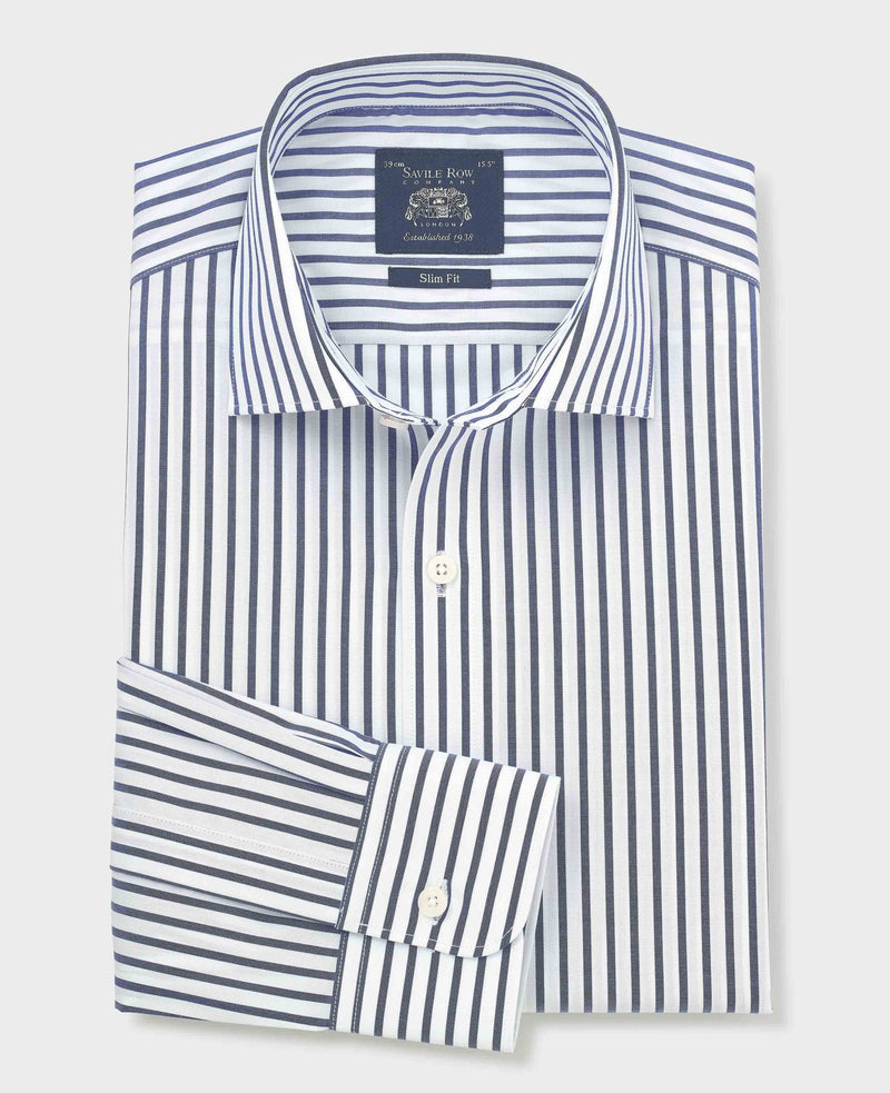 Blue White Cotton Poplin Stripe Slim Fit Formal Shirt - Single Cuff