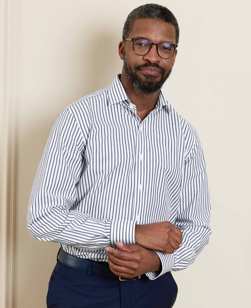 Blue White Cotton Poplin Stripe Slim Fit Formal Shirt - Single Cuff