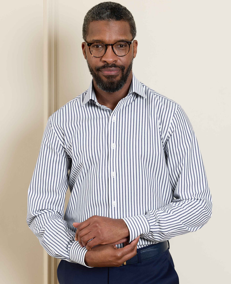 Blue White Cotton Poplin Stripe Slim Fit Formal Shirt - Single Cuff