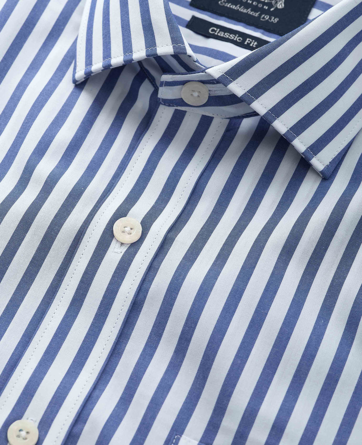 Men's Blue White Cotton Poplin Striped Classic Fit Formal Shirt With Double Cuffs collar detail