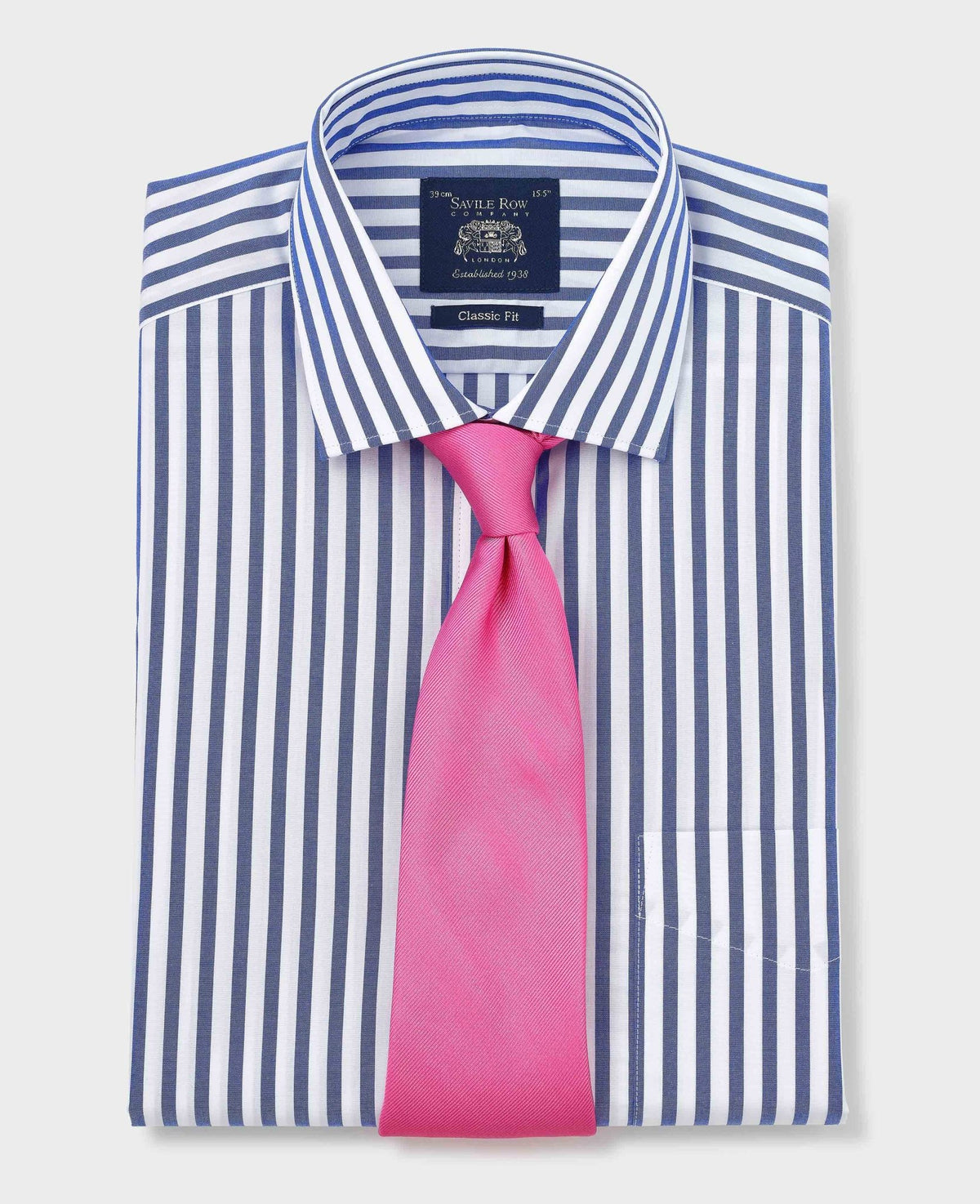 Men's Blue White Cotton Poplin Striped Classic Fit Formal Shirt With Double Cuffs folded with tie