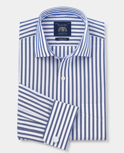 Blue White Cotton Poplin Striped Classic Fit Formal Shirt - Double Cuff