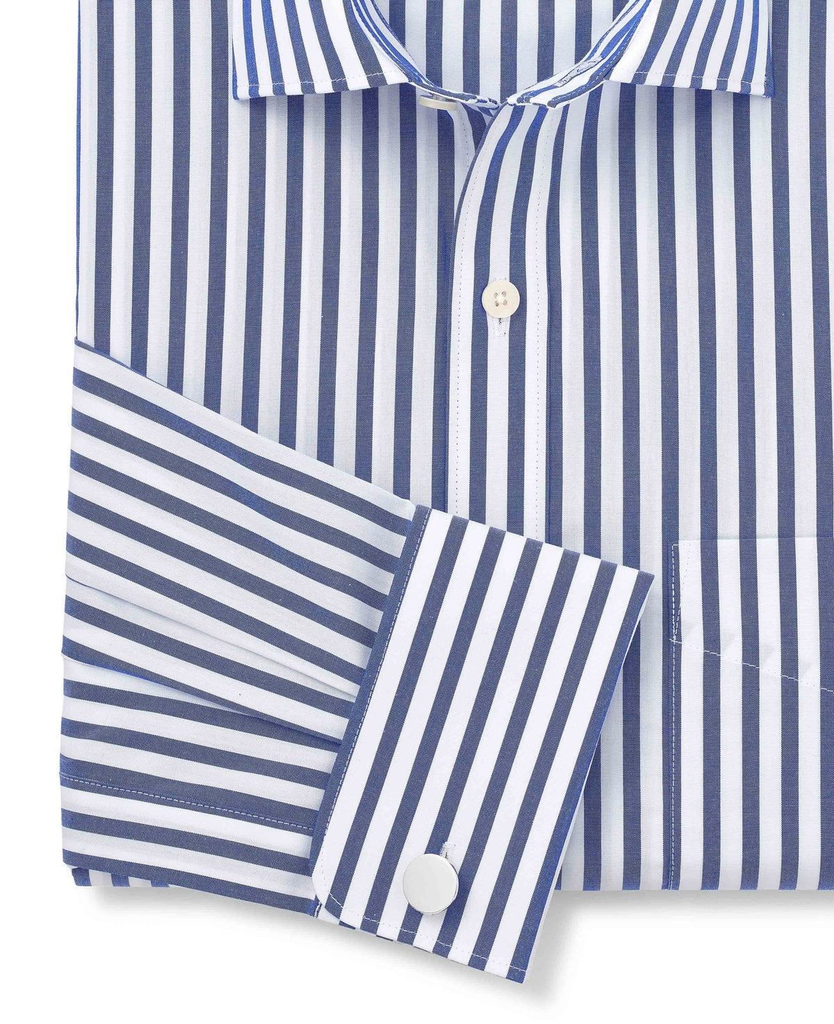 Men's Blue White Cotton Poplin Striped Classic Fit Formal Shirt With Double Cuffs sleeve detail