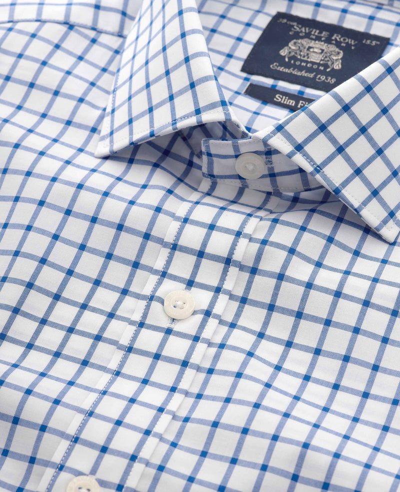 Men's Blue White Cotton Poplin Window Check Slim Fit Formal Shirt With Single Cuffs collar detail