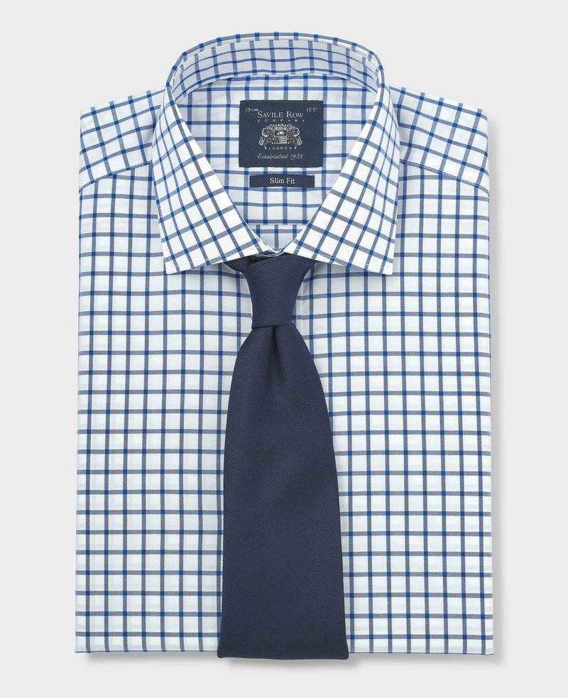 Men's Blue White Cotton Poplin Window Check Slim Fit Formal Shirt With Single Cuffs folded shot