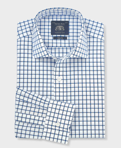 Blue White Cotton Poplin Window Check Slim Fit Formal Shirt - Single Cuff