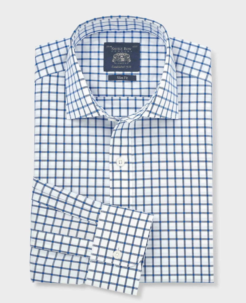 Men's Blue White Cotton Poplin Window Check Slim Fit Formal Shirt With Single Cuffs folded shot
