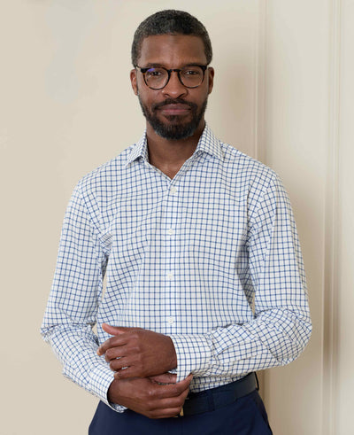 Blue White Cotton Poplin Window Check Slim Fit Formal Shirt - Single Cuff