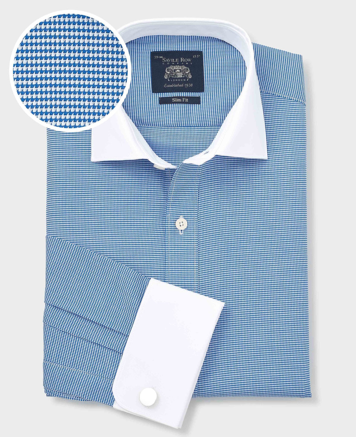 Men's Blue White Cotton Puppytooth Slim Fit Winchester Formal Shirt With Double Cuffs folded shot