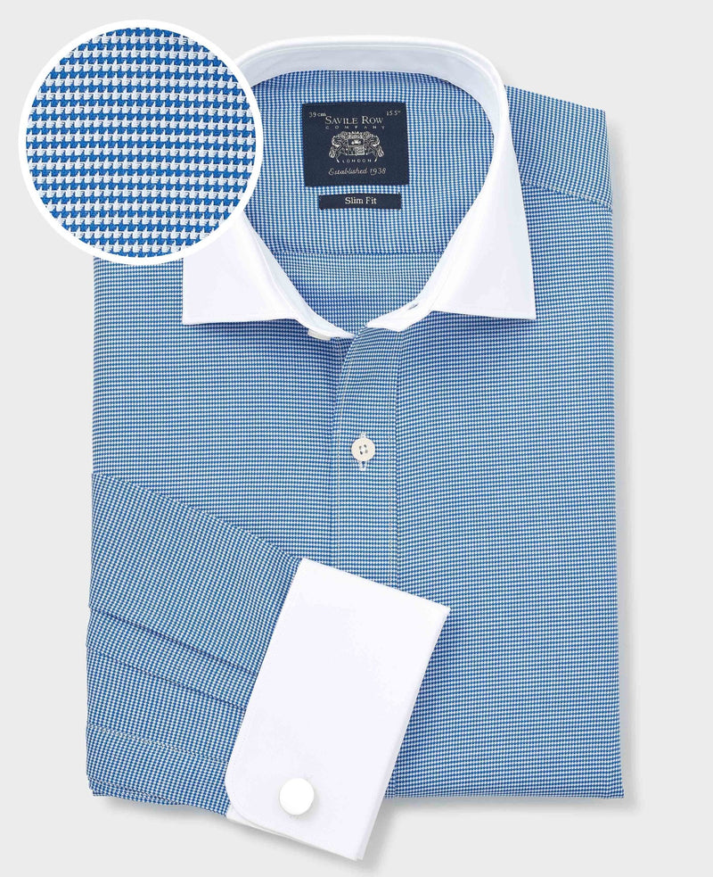 Blue White Cotton Puppytooth Slim Fit Winchester Formal Shirt - Double Cuff