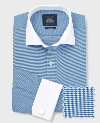 Blue White Cotton Puppytooth Slim Fit Winchester Formal Shirt - Double Cuff