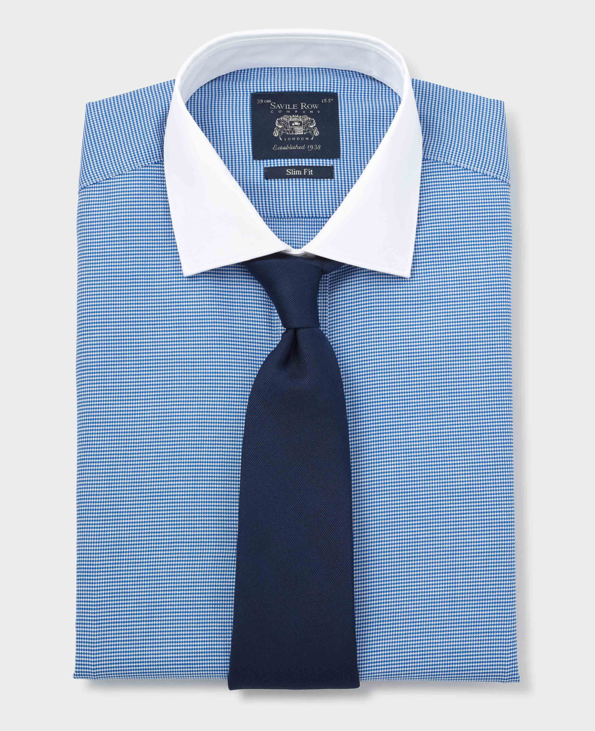 Men's Blue White Cotton Puppytooth Slim Fit Winchester Formal Shirt With Double Cuffs folded with tie