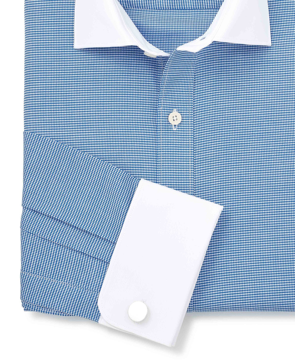 Men's Blue White Cotton Puppytooth Slim Fit Winchester Formal Shirt With Double Cuffs sleeve detail