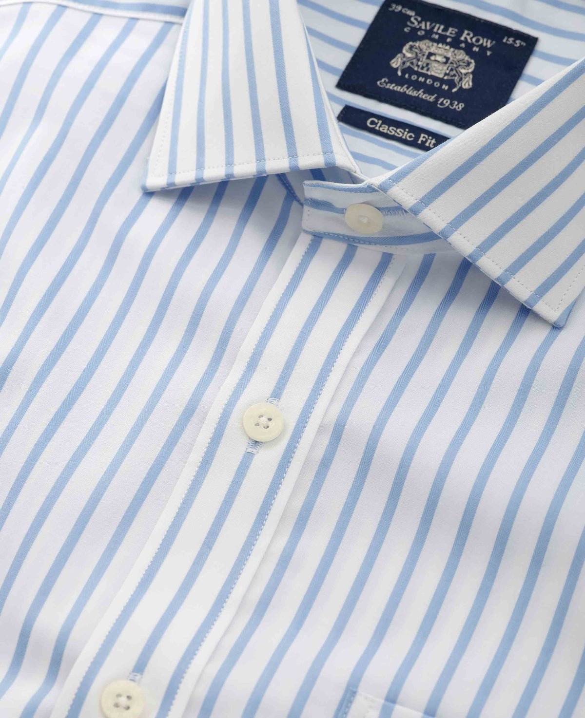 Men's Blue White Cotton Stripe Classic Fit Formal Shirt With Single Cuffs collar detail