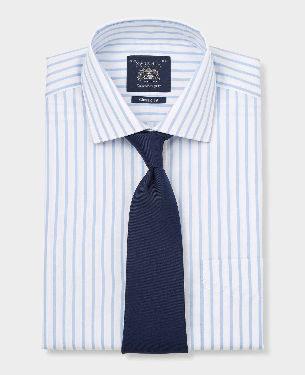Men's Blue White Cotton Stripe Classic Fit Formal Shirt With Single Cuffs folded with tie