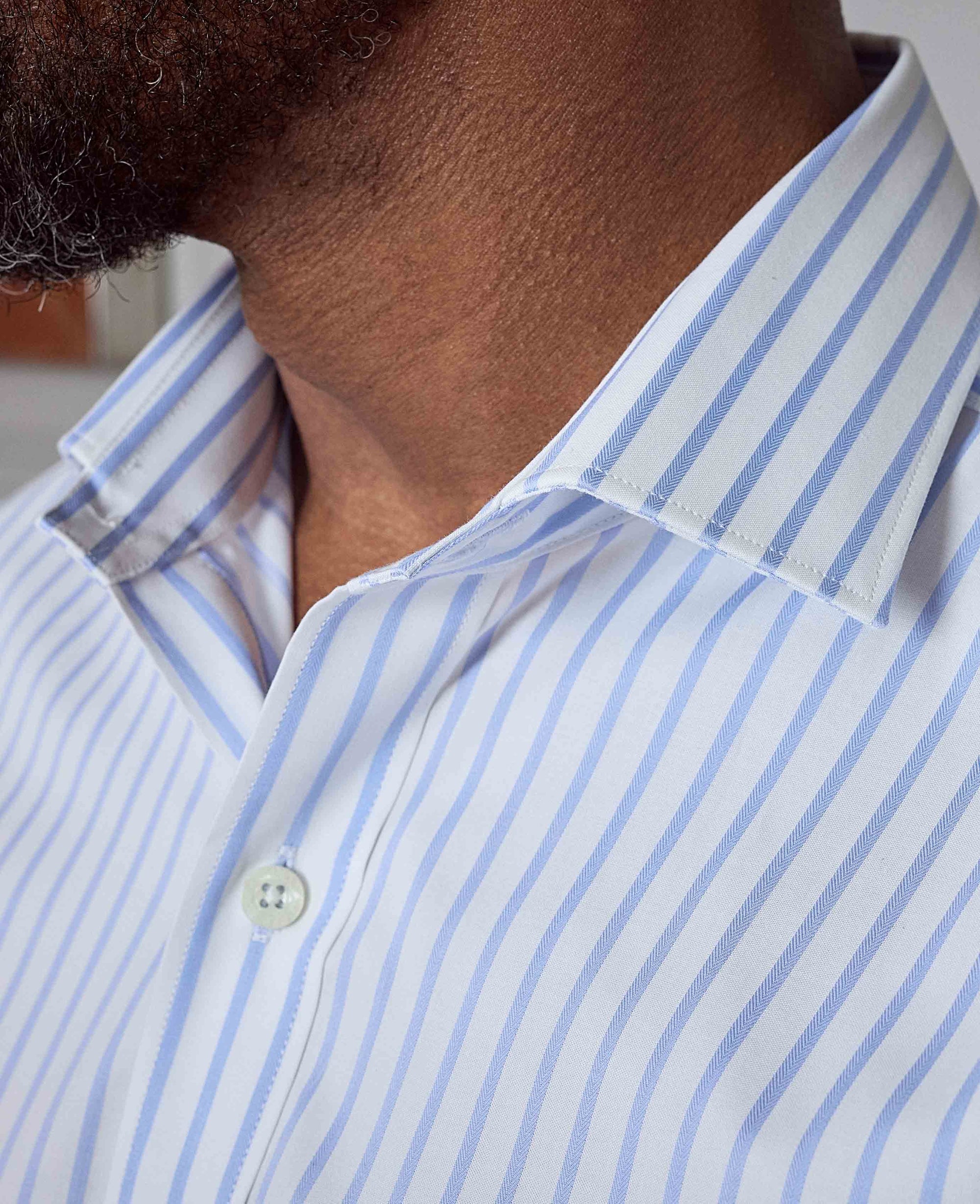 Men's Blue White Cotton Stripe Classic Fit Formal Shirt With Single Cuffs | Savile Row Company Men's Blue White Cotton Stripe Classic Fit Formal Shirt With Single Cuffs | Savile Row Company