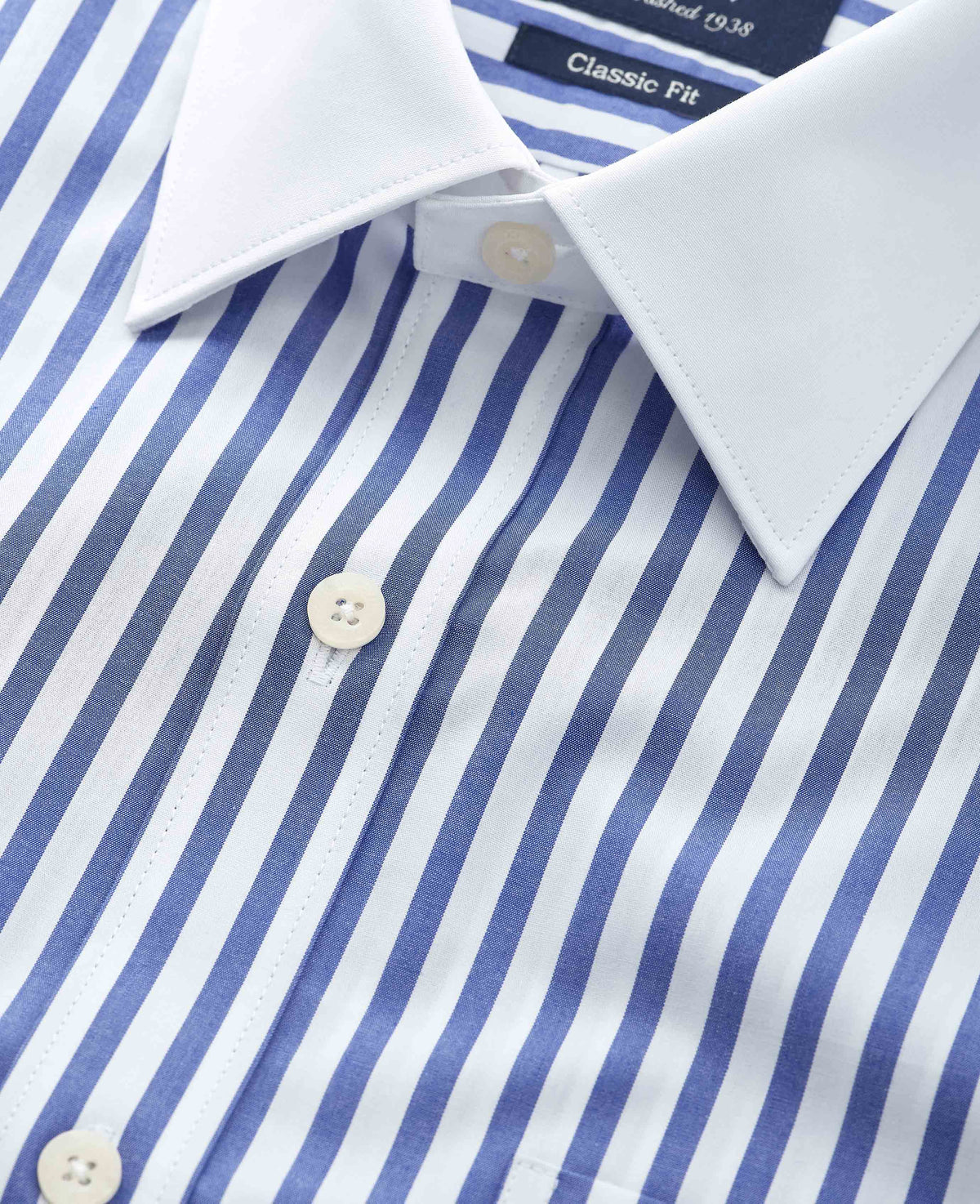 Men's Blue White Cotton Striped Classic Fit Winchester Formal Shirt With Double Cuffs collar detail