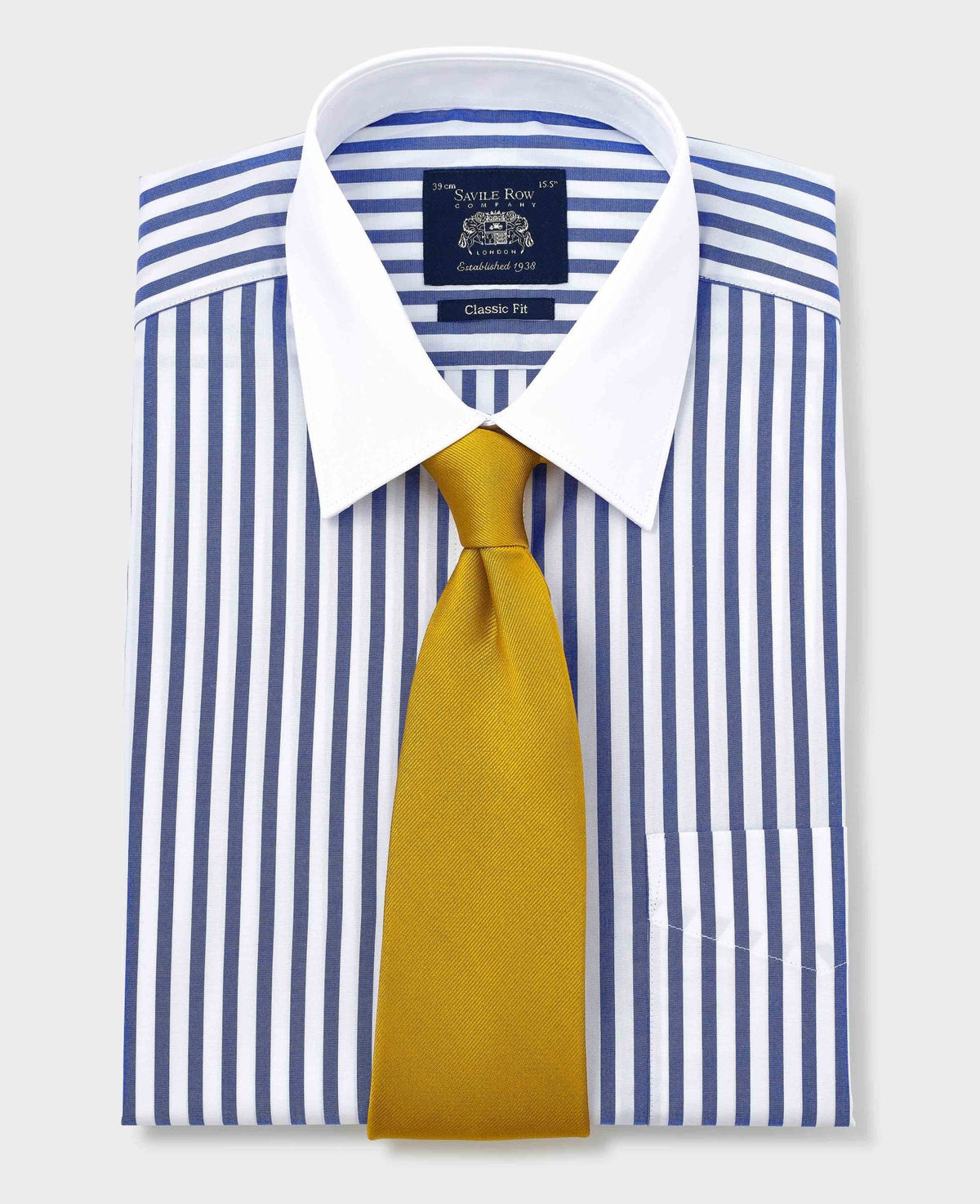 Men's Blue White Cotton Striped Classic Fit Winchester Formal Shirt With Double Cuffs folded with tie