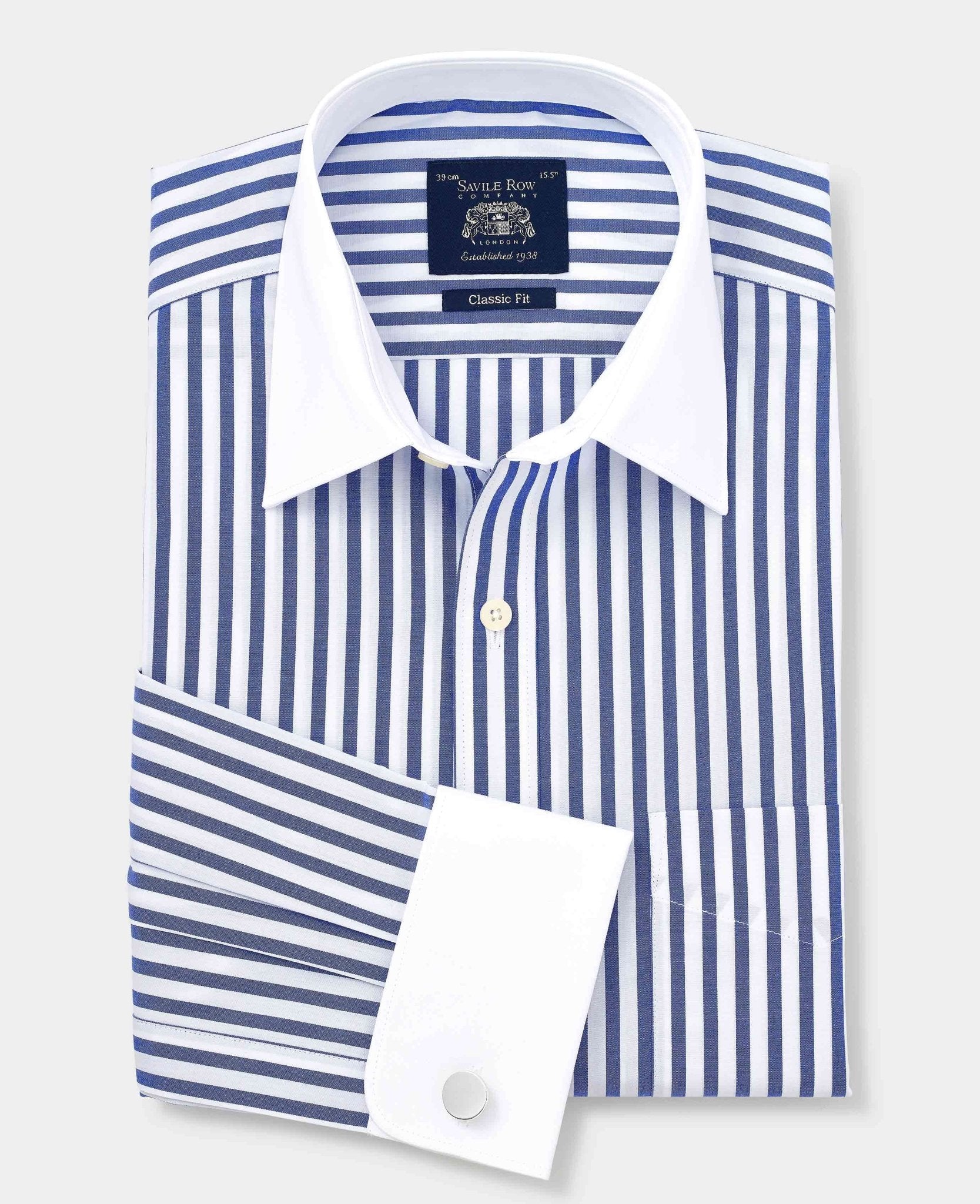 Men's Blue White Cotton Striped Classic Fit Winchester Formal Shirt With Double Cuffs | Savile Row Company Men's Blue White Cotton Striped Classic Fit Winchester Formal Shirt With Double Cuffs | Savile Row Company