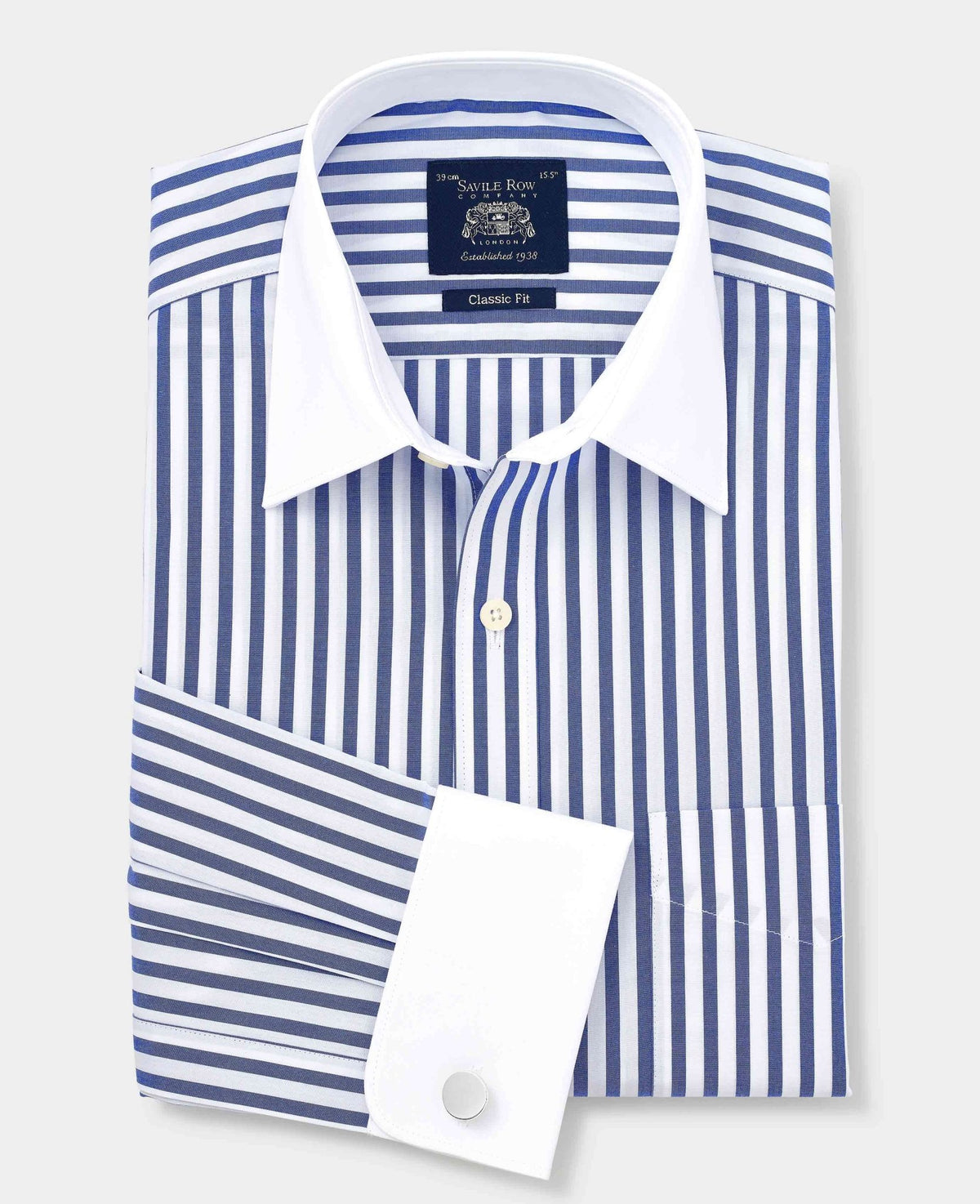 Men's Blue White Cotton Striped Classic Fit Winchester Formal Shirt With Double Cuffs folded