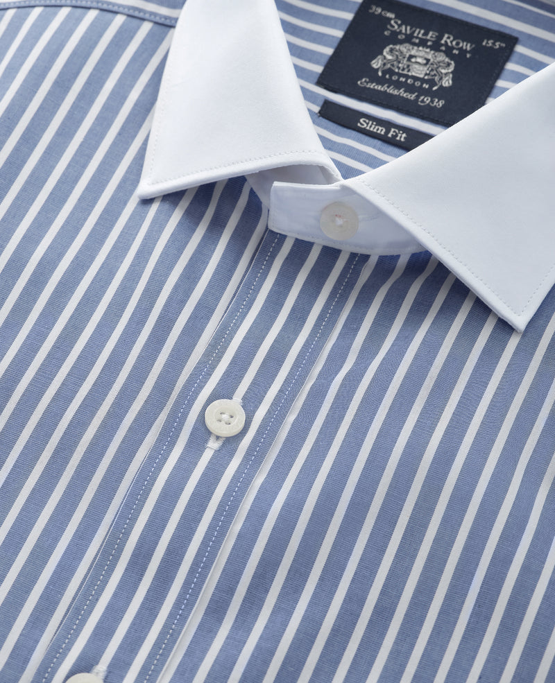 Blue White Cotton Striped Slim Fit Winchester Formal Shirt - Double Cuff