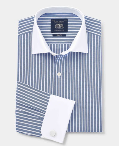 Blue White Cotton Striped Slim Fit Winchester Formal Shirt - Double Cuff