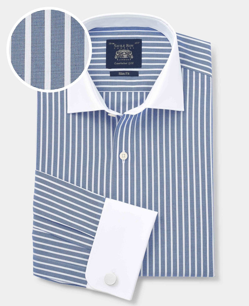 Blue White Cotton Striped Slim Fit Winchester Formal Shirt - Double Cuff