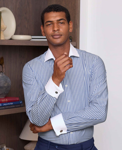 Blue White Cotton Striped Slim Fit Winchester Formal Shirt - Double Cuff