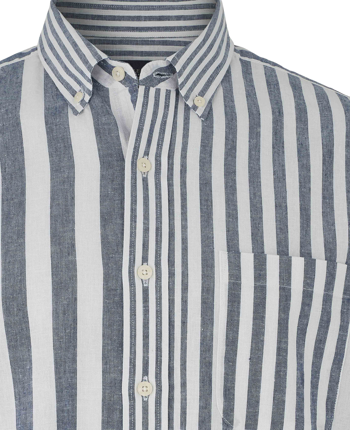 Men's Blue White Linen Cotton Random Stripe Classic Fit Casual Shirt collar detail