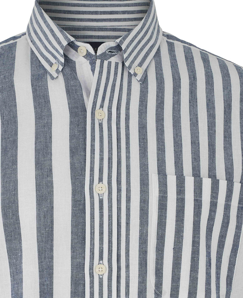 Blue White Linen Cotton Random Stripe Classic Fit Button-Down Casual Shirt