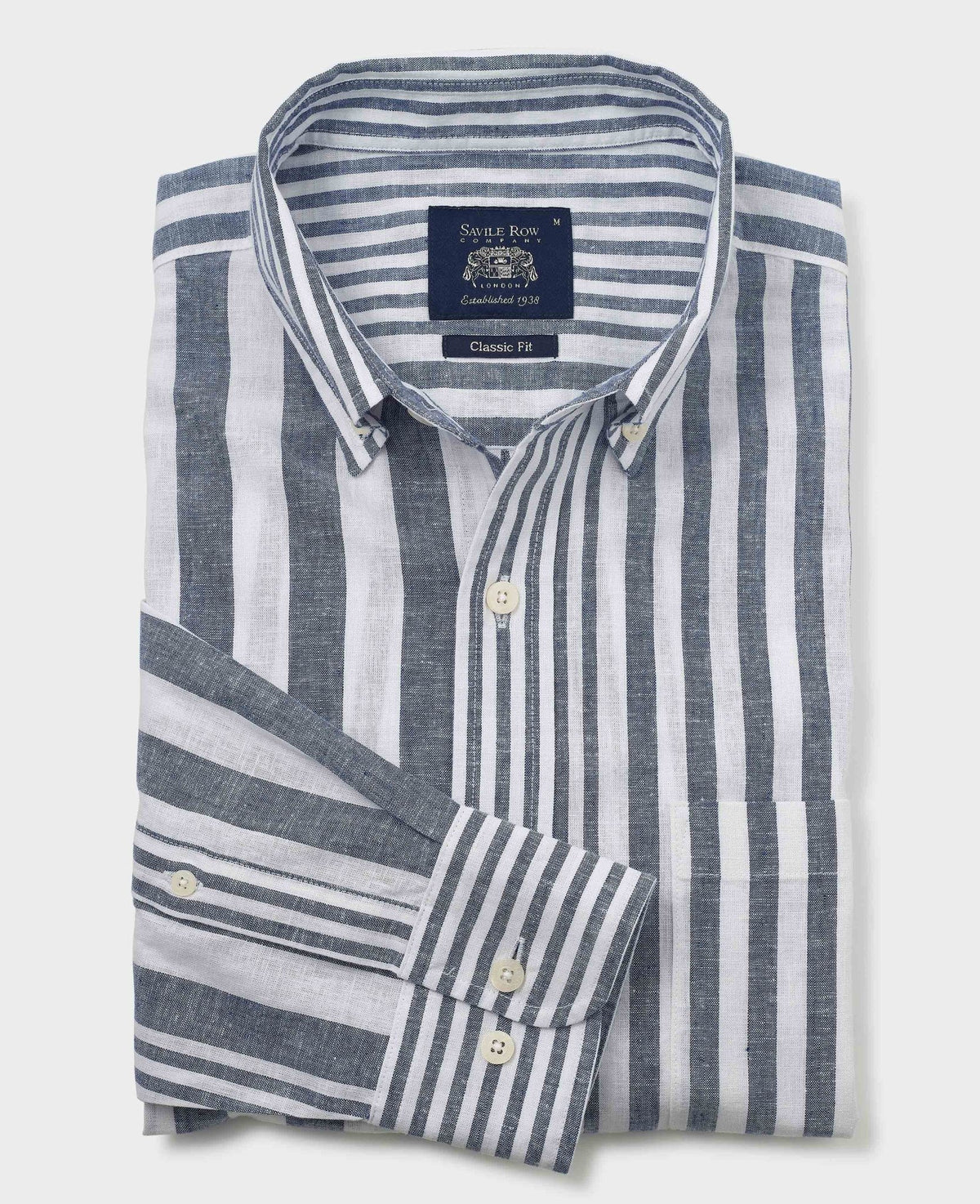 Men's Blue White Linen Cotton Random Stripe Classic Fit Casual Shirt folded shot