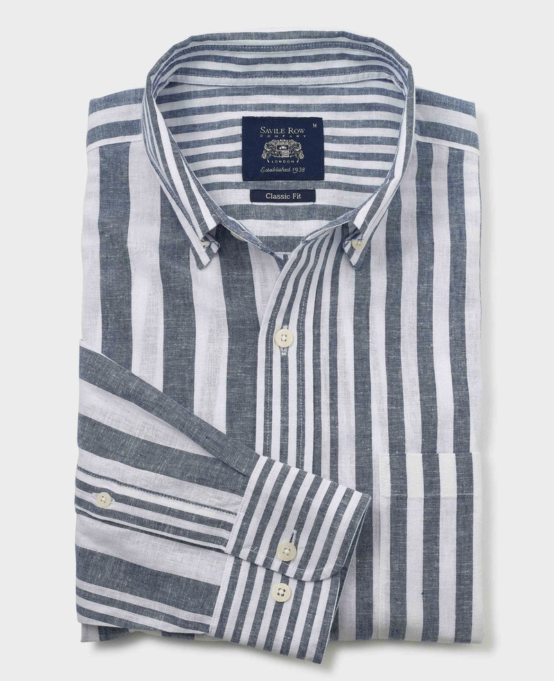 Blue White Linen Cotton Random Stripe Classic Fit Button-Down Casual Shirt