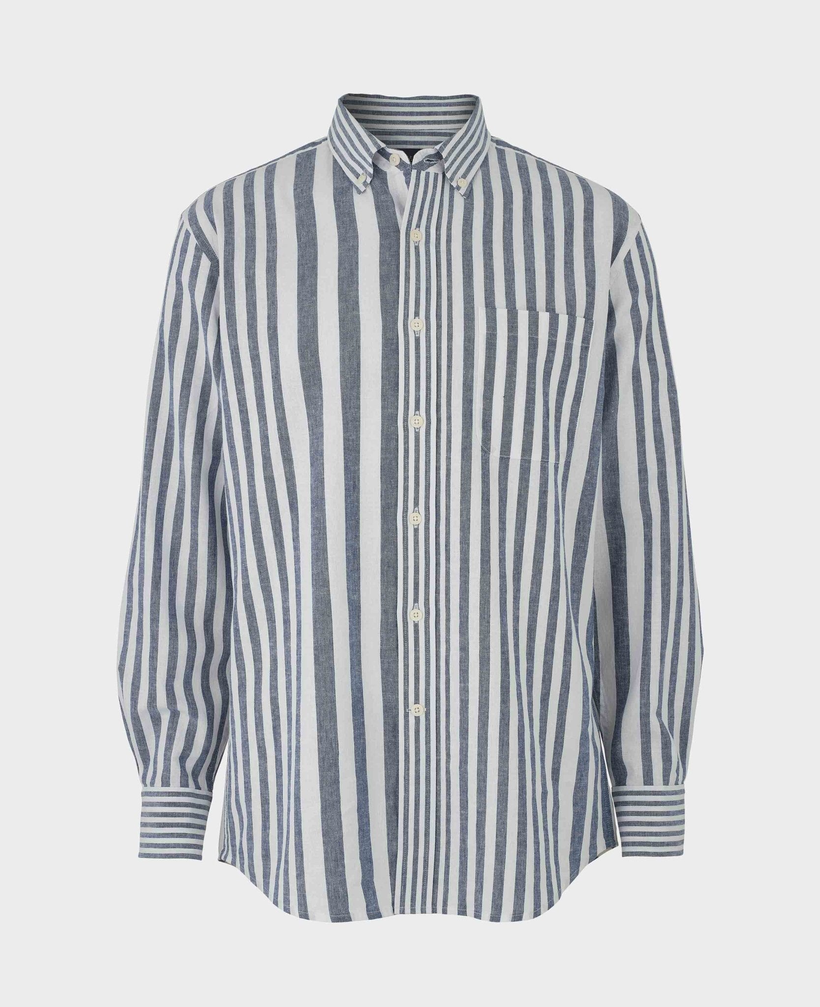 Men's Blue White Linen Cotton Random Stripe Classic Fit Casual