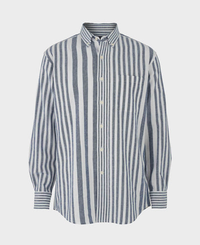 Blue White Linen Cotton Random Stripe Classic Fit Button-Down Casual Shirt