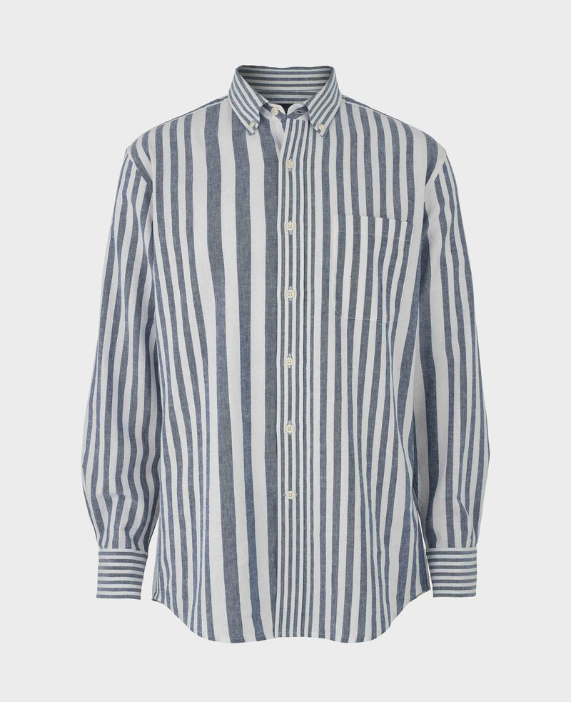 Blue White Linen Cotton Random Stripe Classic Fit Button-Down Casual Shirt
