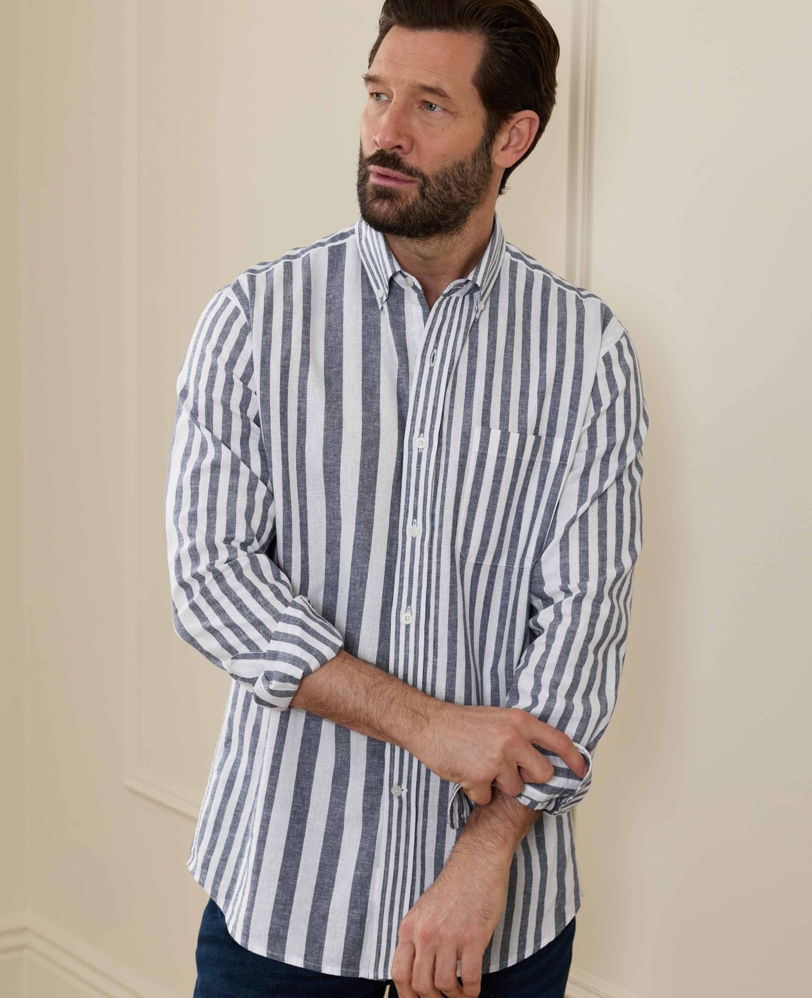 Men's Blue White Linen Cotton Random Stripe Classic Fit Casual
