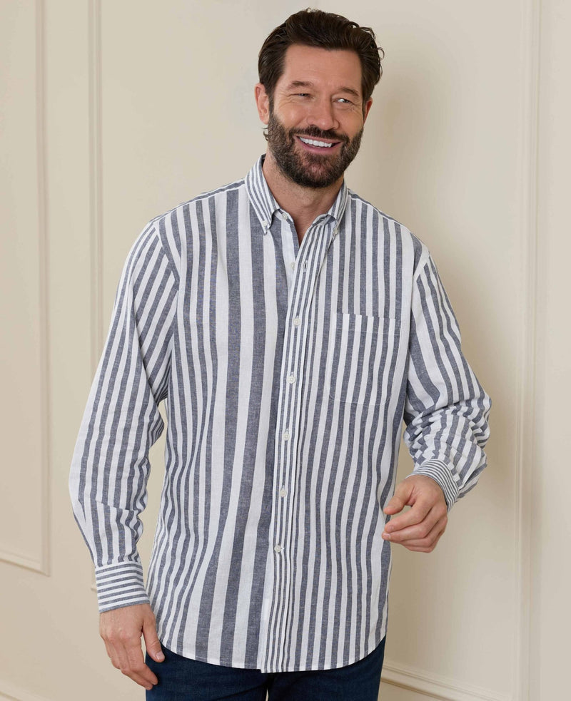 Blue White Linen Cotton Random Stripe Classic Fit Button-Down Casual Shirt