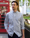 Blue White Linen Cotton Random Stripe Classic Fit Button-Down Casual Shirt