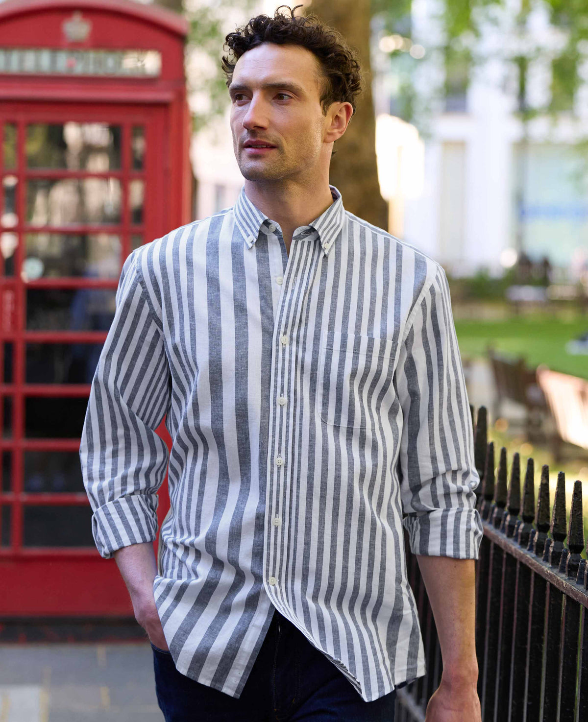 Blue White Linen Cotton Random Stripe Classic Fit Button-Down Casual Shirt