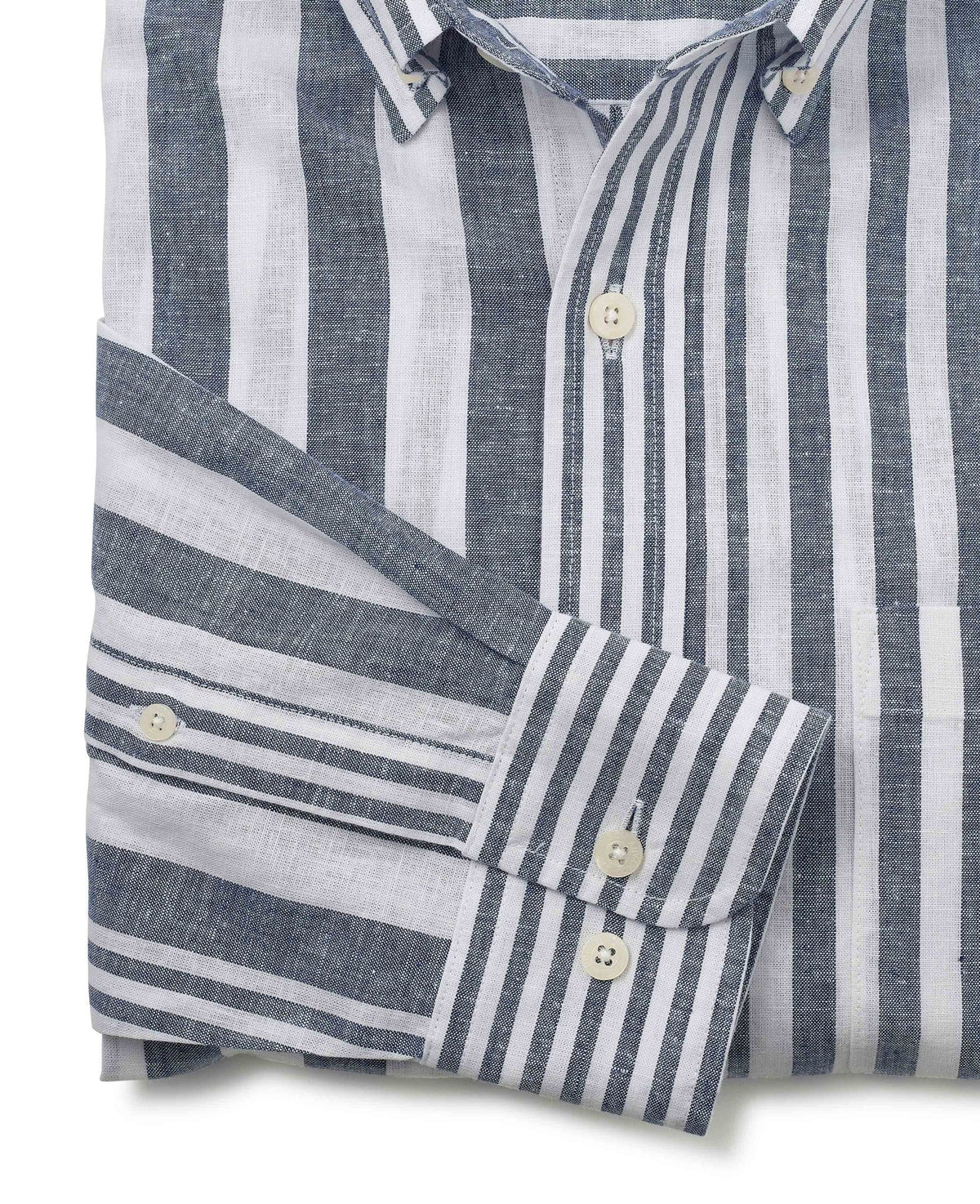 Men's Blue White Linen Cotton Random Stripe Classic Fit Casual Shirt sleeve detail